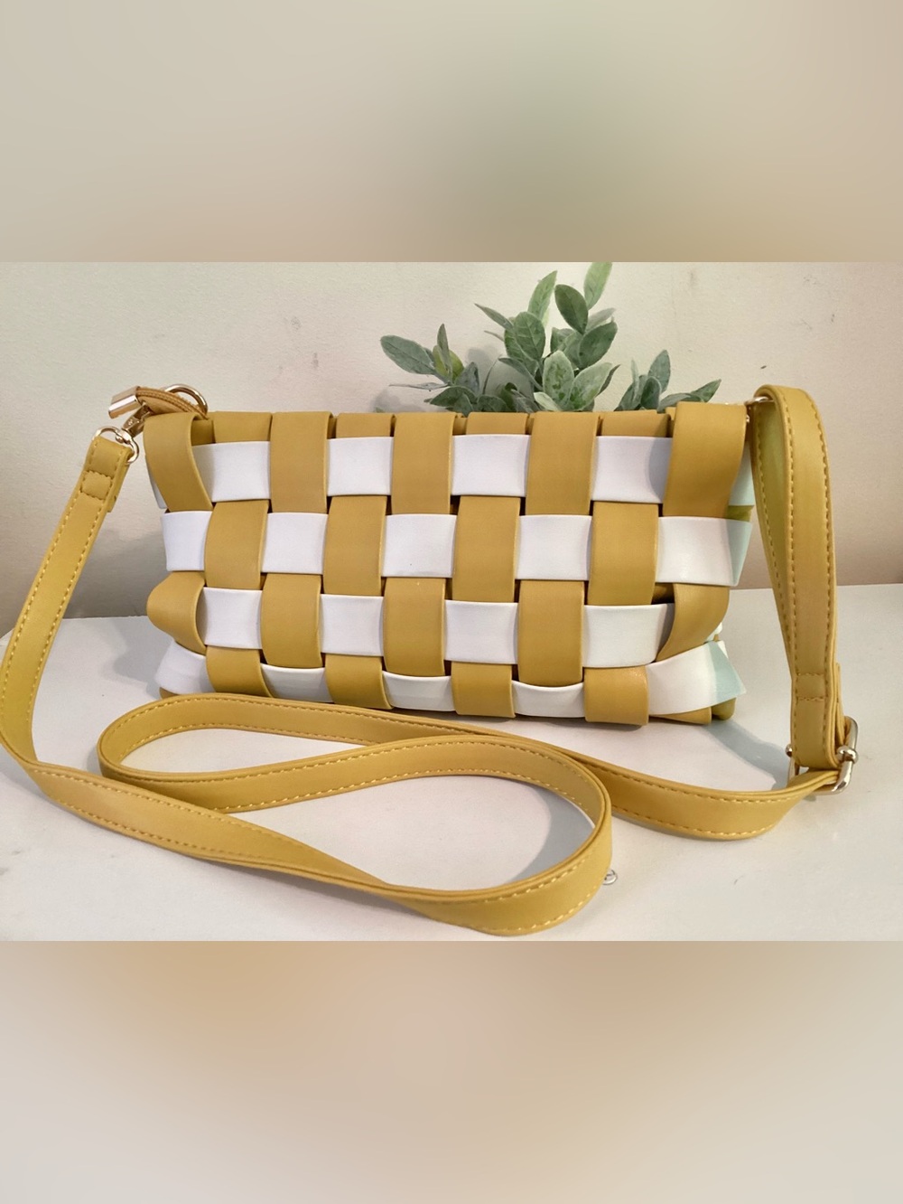 Anthropologie Woven Vegan Leather Crossbody Bag Mustard Yellow & White